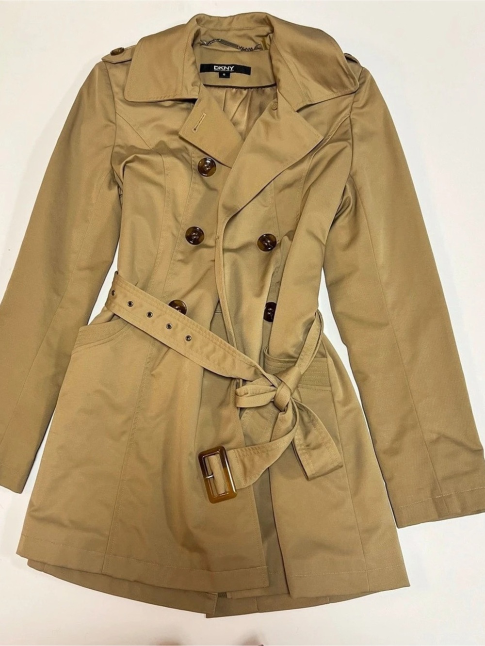 DKNY Short Belted Double-Breasted Trench Coat Brown Small